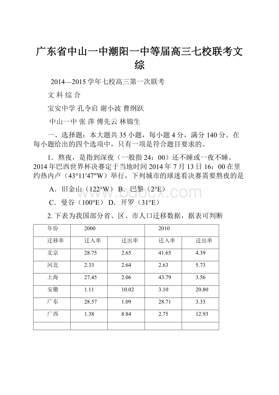 广东省中山一中潮阳一中等届高三七校联考文综.docx_第1页