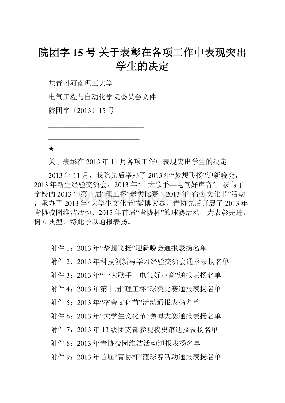 院团字15号关于表彰在各项工作中表现突出学生的决定.docx