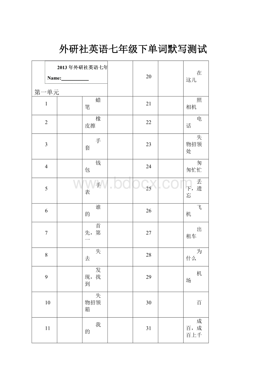 外研社英语七年级下单词默写测试.docx