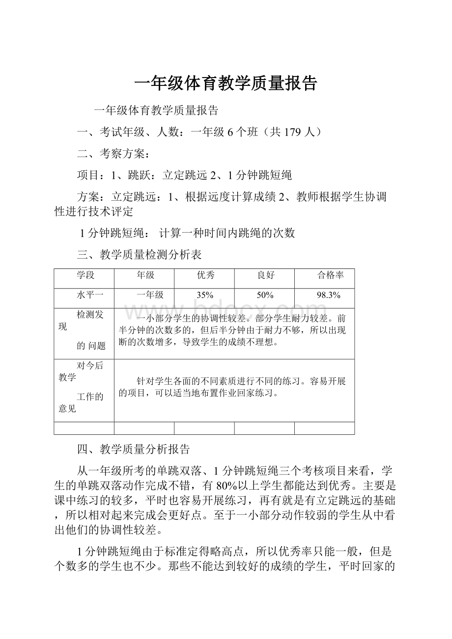 一年级体育教学质量报告.docx