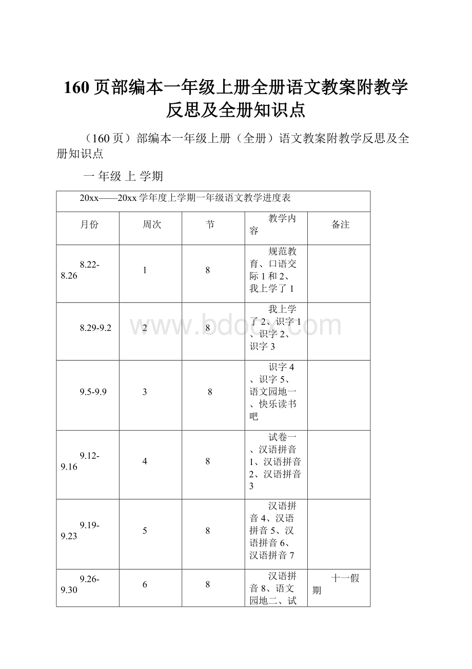 160页部编本一年级上册全册语文教案附教学反思及全册知识点.docx