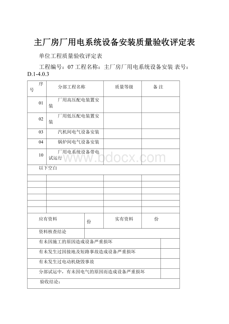 主厂房厂用电系统设备安装质量验收评定表.docx_第1页