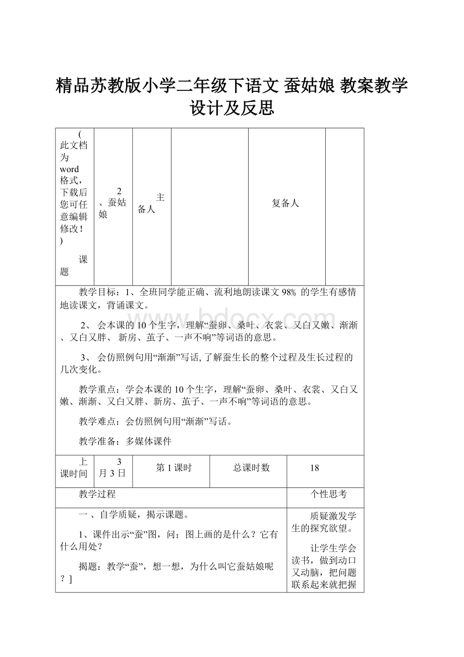 精品苏教版小学二年级下语文 蚕姑娘 教案教学设计及反思.docx