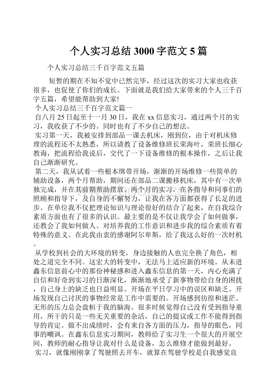 个人实习总结3000字范文5篇.docx_第1页