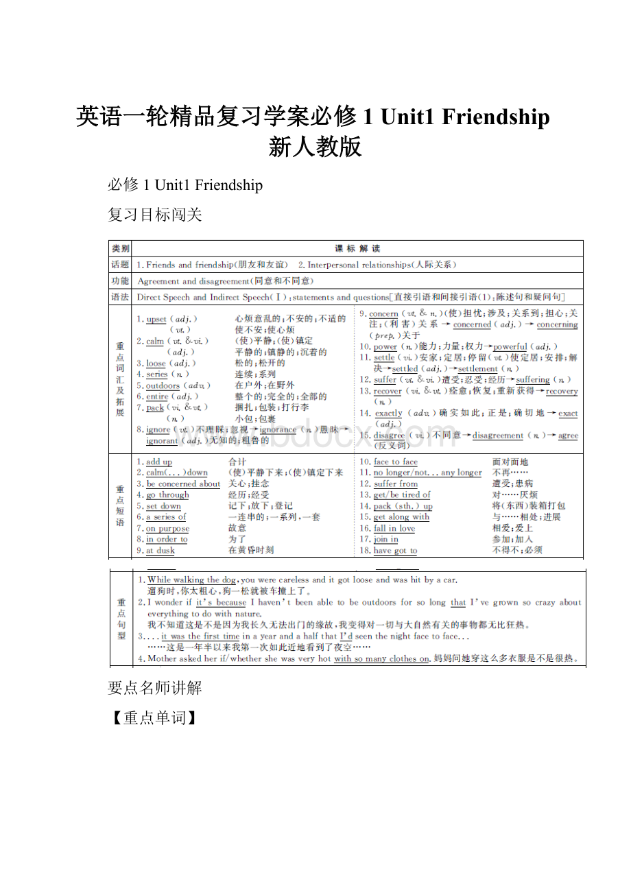 英语一轮精品复习学案必修1 Unit1 Friendship新人教版.docx