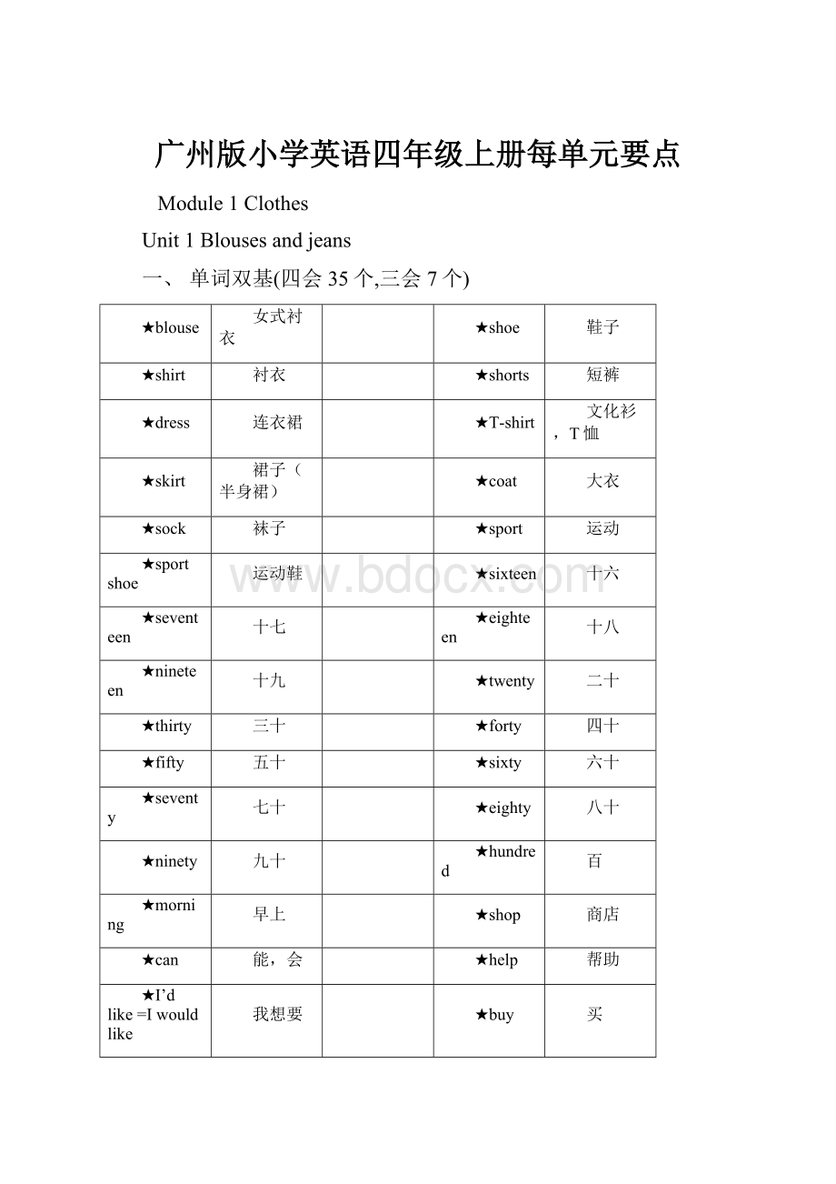 广州版小学英语四年级上册每单元要点.docx