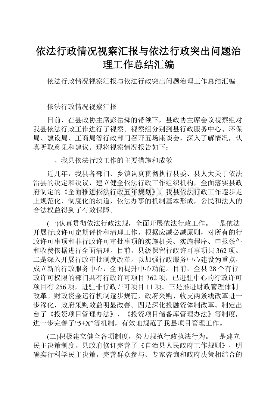 依法行政情况视察汇报与依法行政突出问题治理工作总结汇编.docx