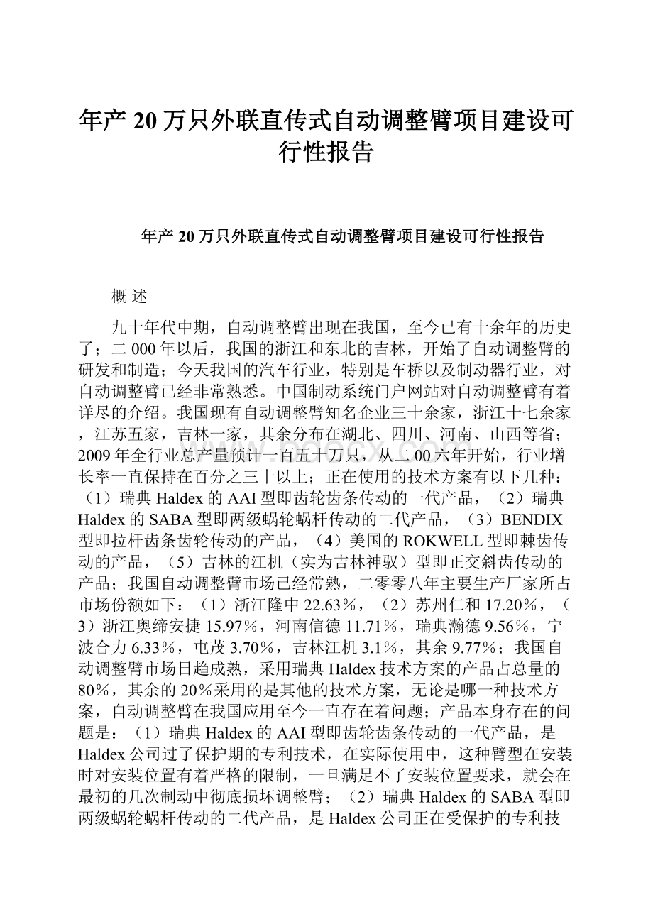 年产20万只外联直传式自动调整臂项目建设可行性报告.docx_第1页