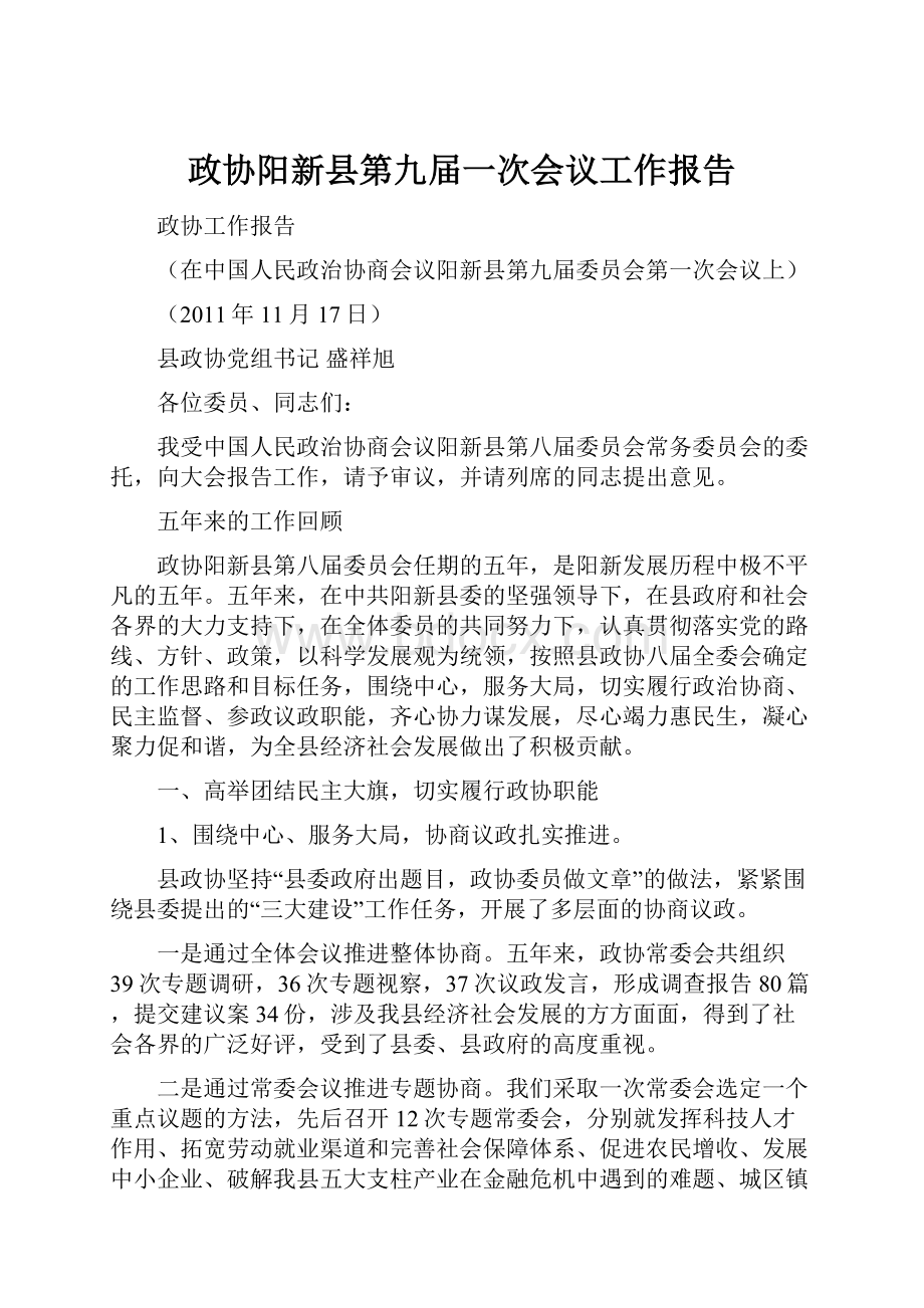 政协阳新县第九届一次会议工作报告.docx_第1页