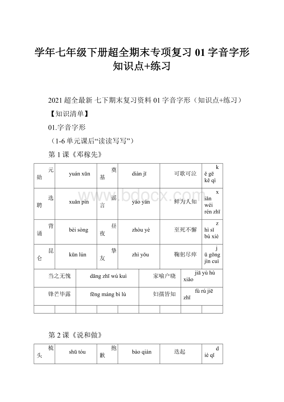 学年七年级下册超全期末专项复习01字音字形知识点+练习.docx_第1页