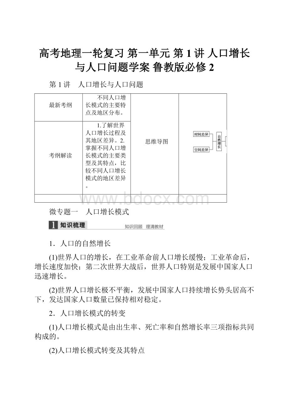 高考地理一轮复习 第一单元 第1讲 人口增长与人口问题学案 鲁教版必修2.docx_第1页