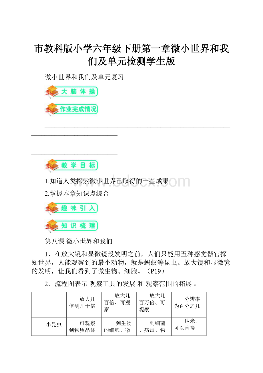 市教科版小学六年级下册第一章微小世界和我们及单元检测学生版.docx_第1页