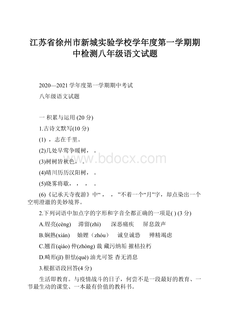 江苏省徐州市新城实验学校学年度第一学期期中检测八年级语文试题.docx