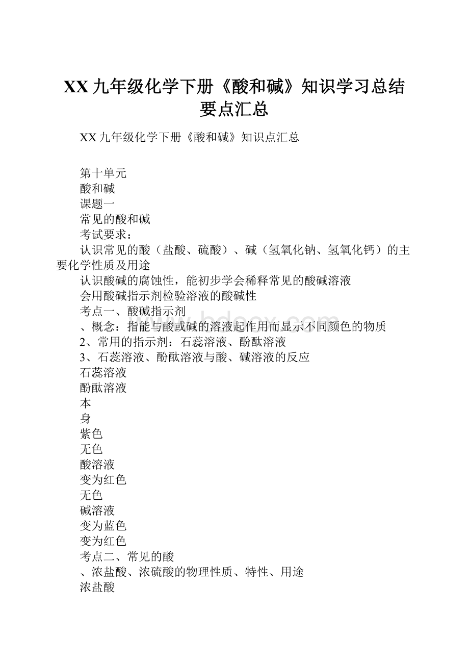 XX九年级化学下册《酸和碱》知识学习总结要点汇总.docx