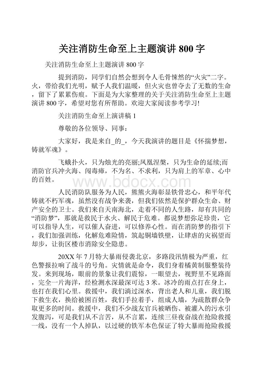 关注消防生命至上主题演讲800字.docx_第1页