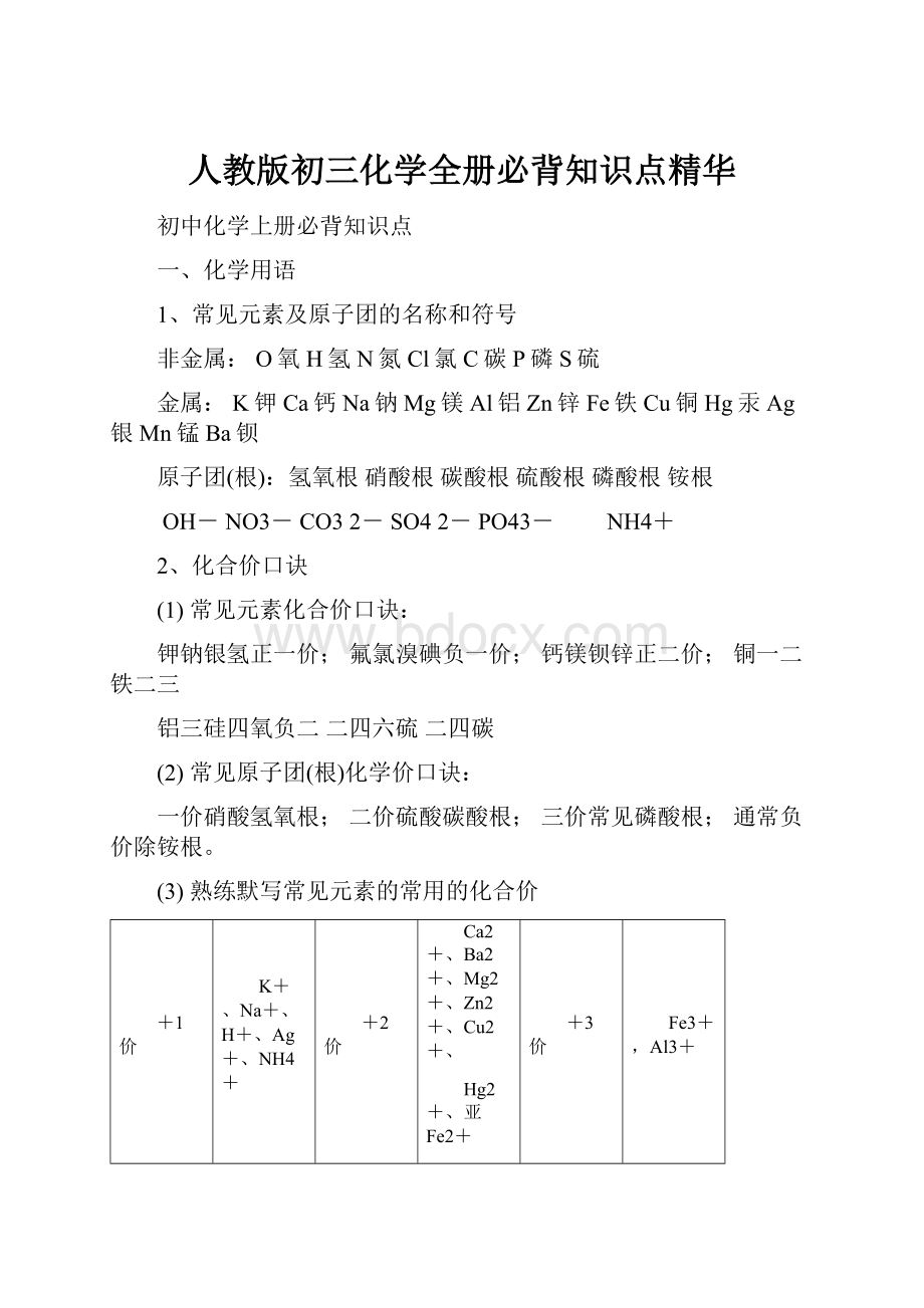 人教版初三化学全册必背知识点精华.docx