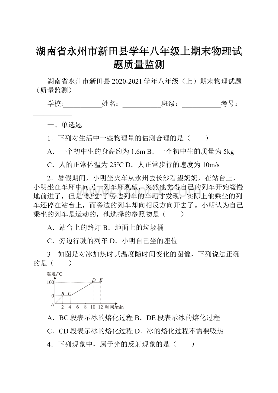 湖南省永州市新田县学年八年级上期末物理试题质量监测.docx