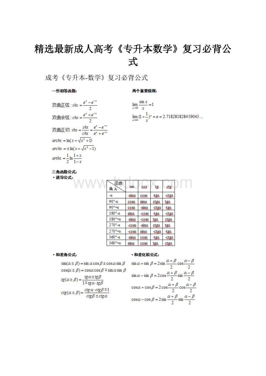 精选最新成人高考《专升本数学》复习必背公式.docx