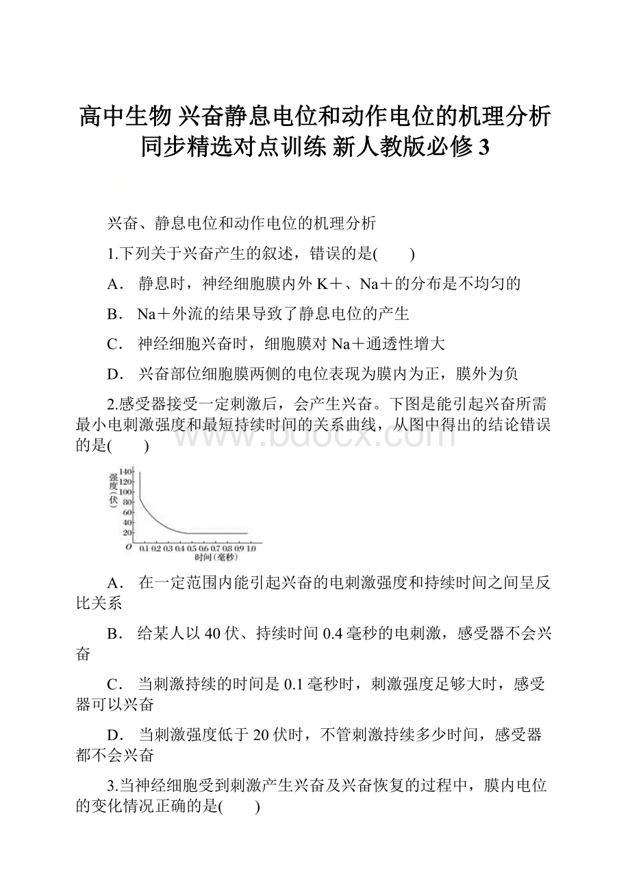 高中生物 兴奋静息电位和动作电位的机理分析同步精选对点训练 新人教版必修3.docx