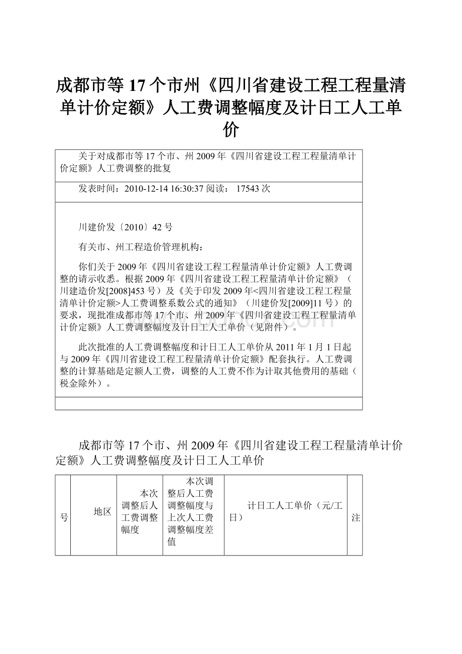 成都市等17个市州《四川省建设工程工程量清单计价定额》人工费调整幅度及计日工人工单价.docx_第1页