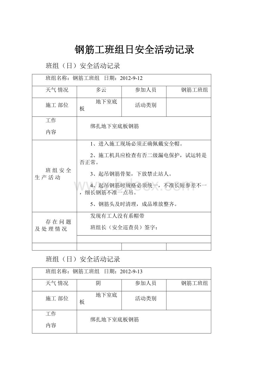 钢筋工班组日安全活动记录.docx_第1页