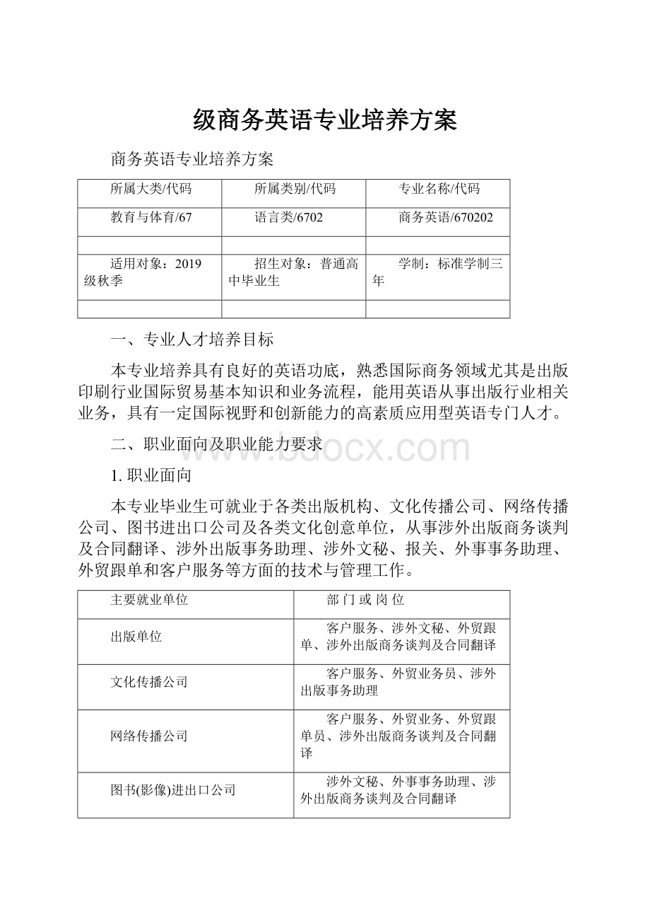 级商务英语专业培养方案.docx_第1页