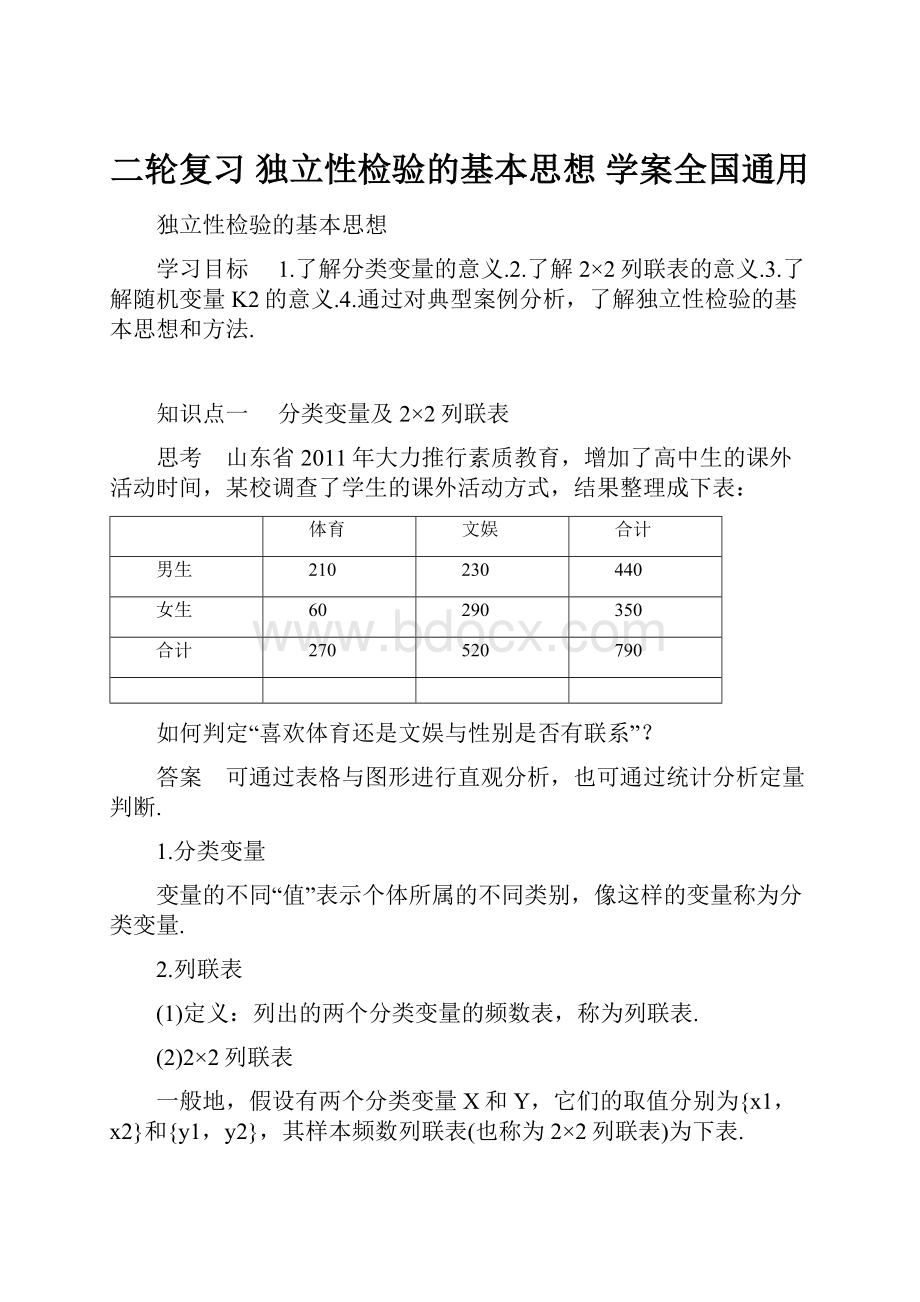 二轮复习独立性检验的基本思想 学案全国通用.docx