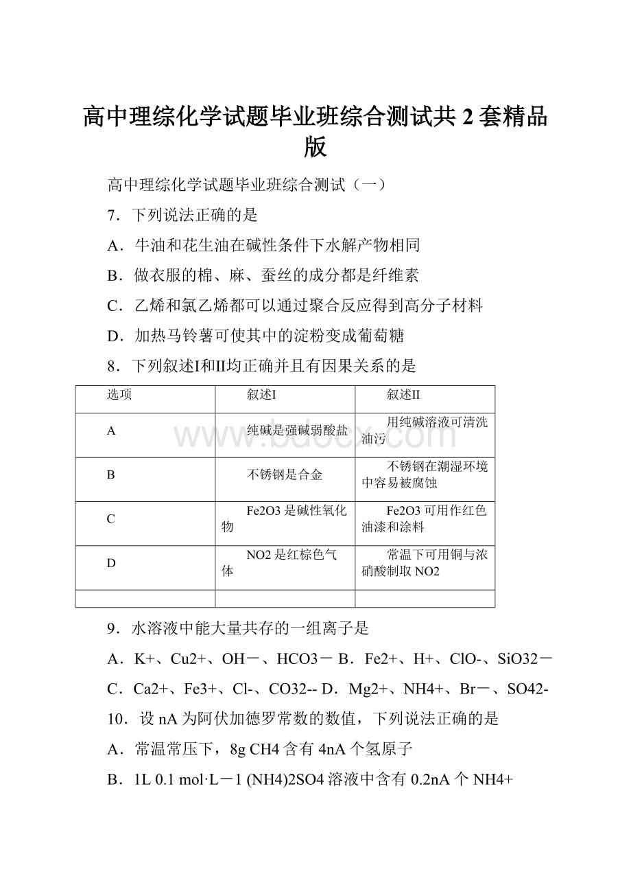 高中理综化学试题毕业班综合测试共2套精品版.docx_第1页