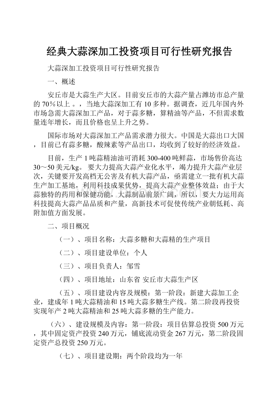 经典大蒜深加工投资项目可行性研究报告.docx