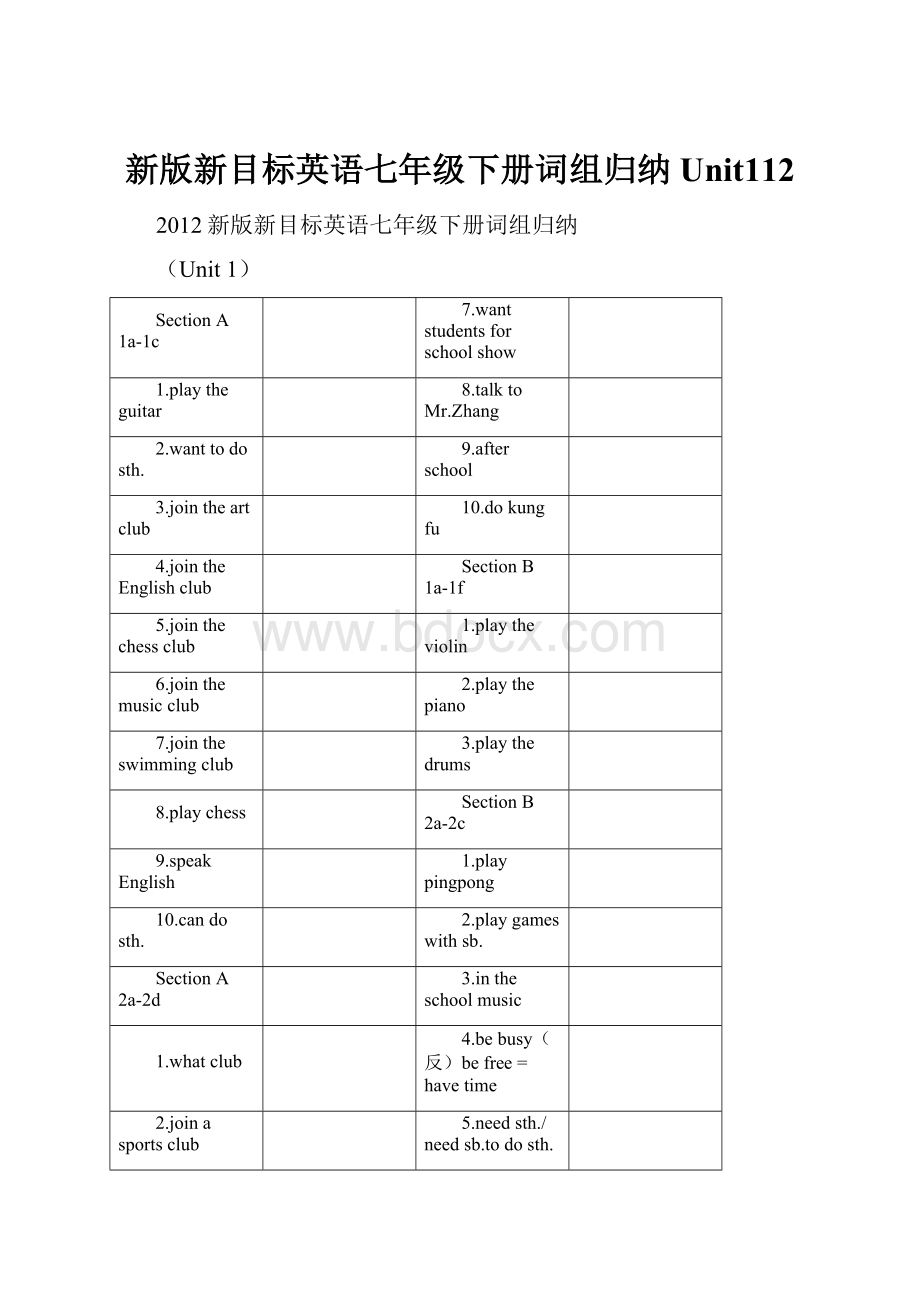 新版新目标英语七年级下册词组归纳Unit112.docx