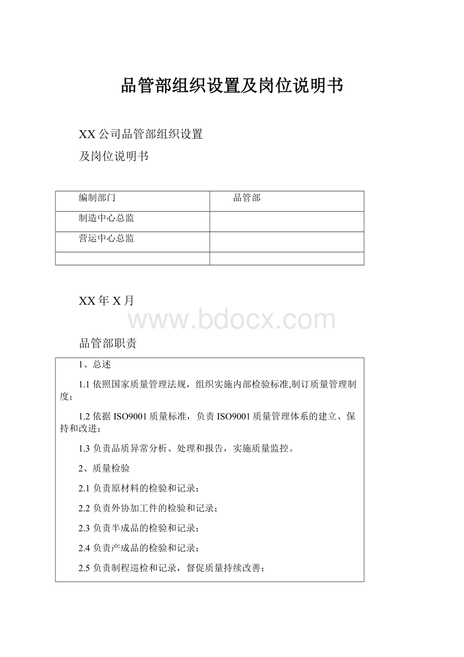 品管部组织设置及岗位说明书.docx