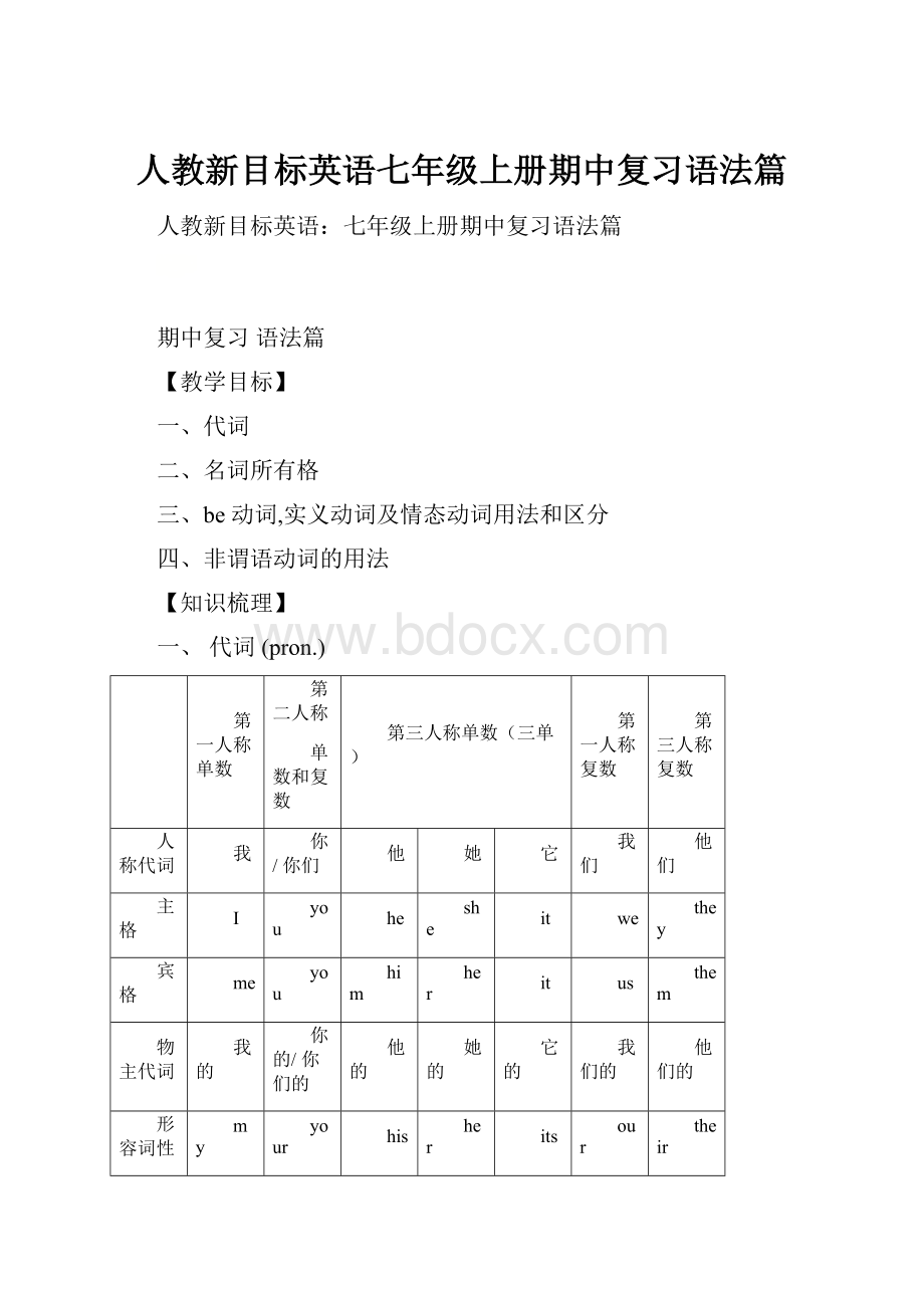 人教新目标英语七年级上册期中复习语法篇.docx_第1页