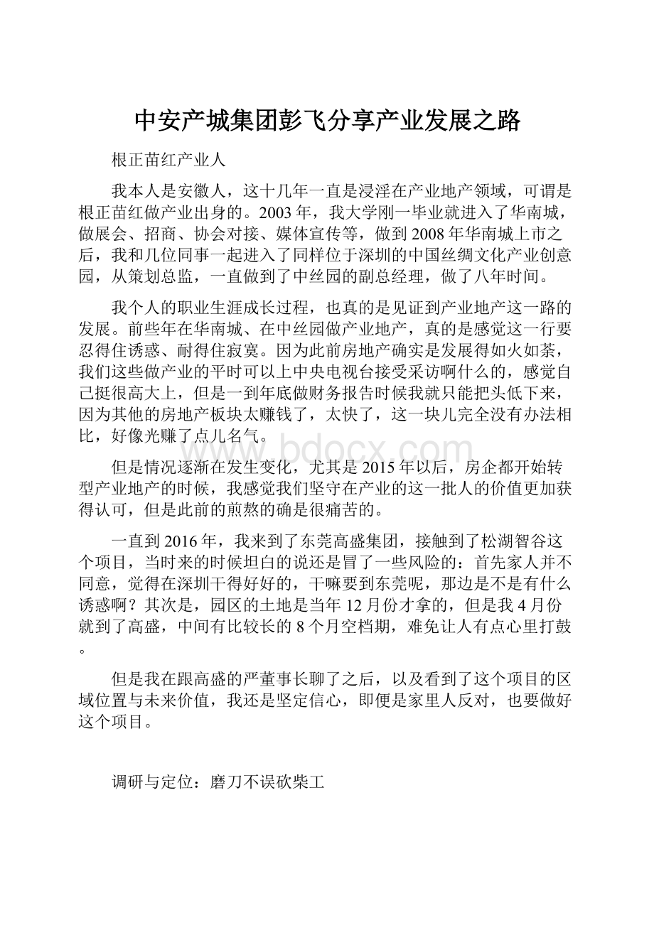 中安产城集团彭飞分享产业发展之路.docx