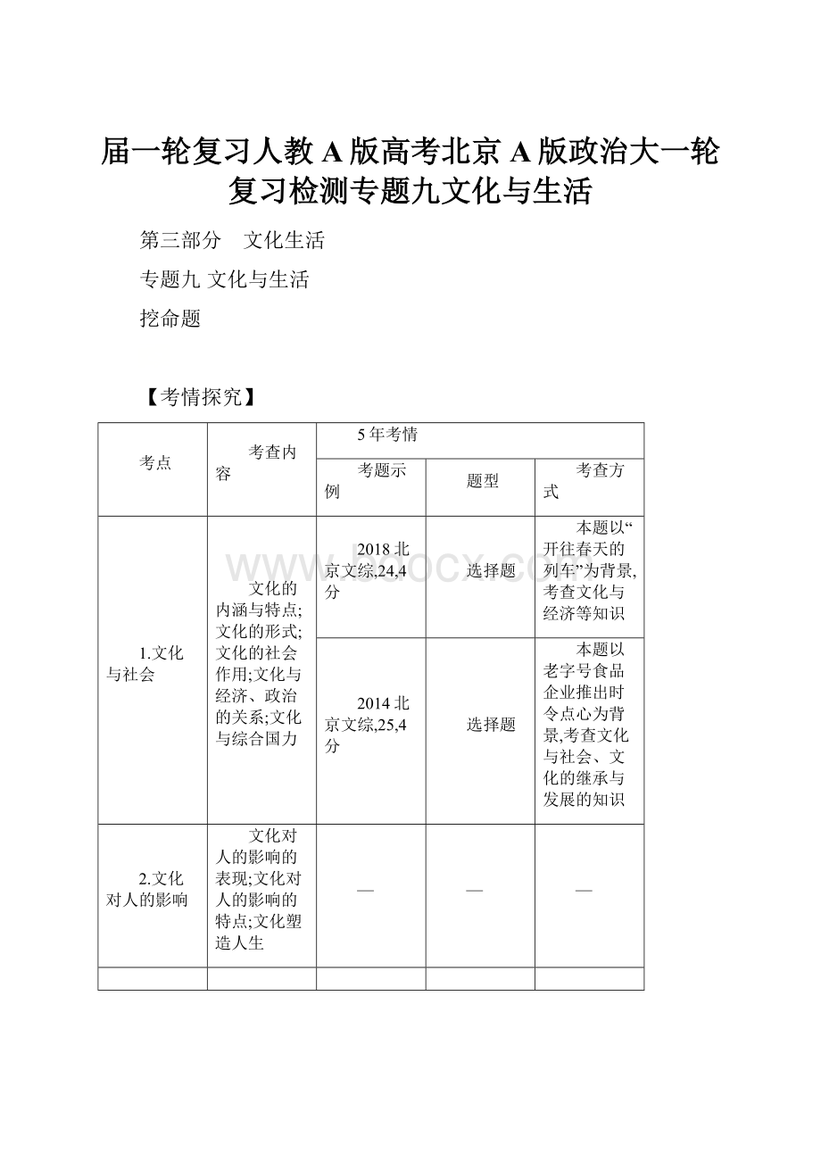 届一轮复习人教A版高考北京A版政治大一轮复习检测专题九文化与生活.docx_第1页