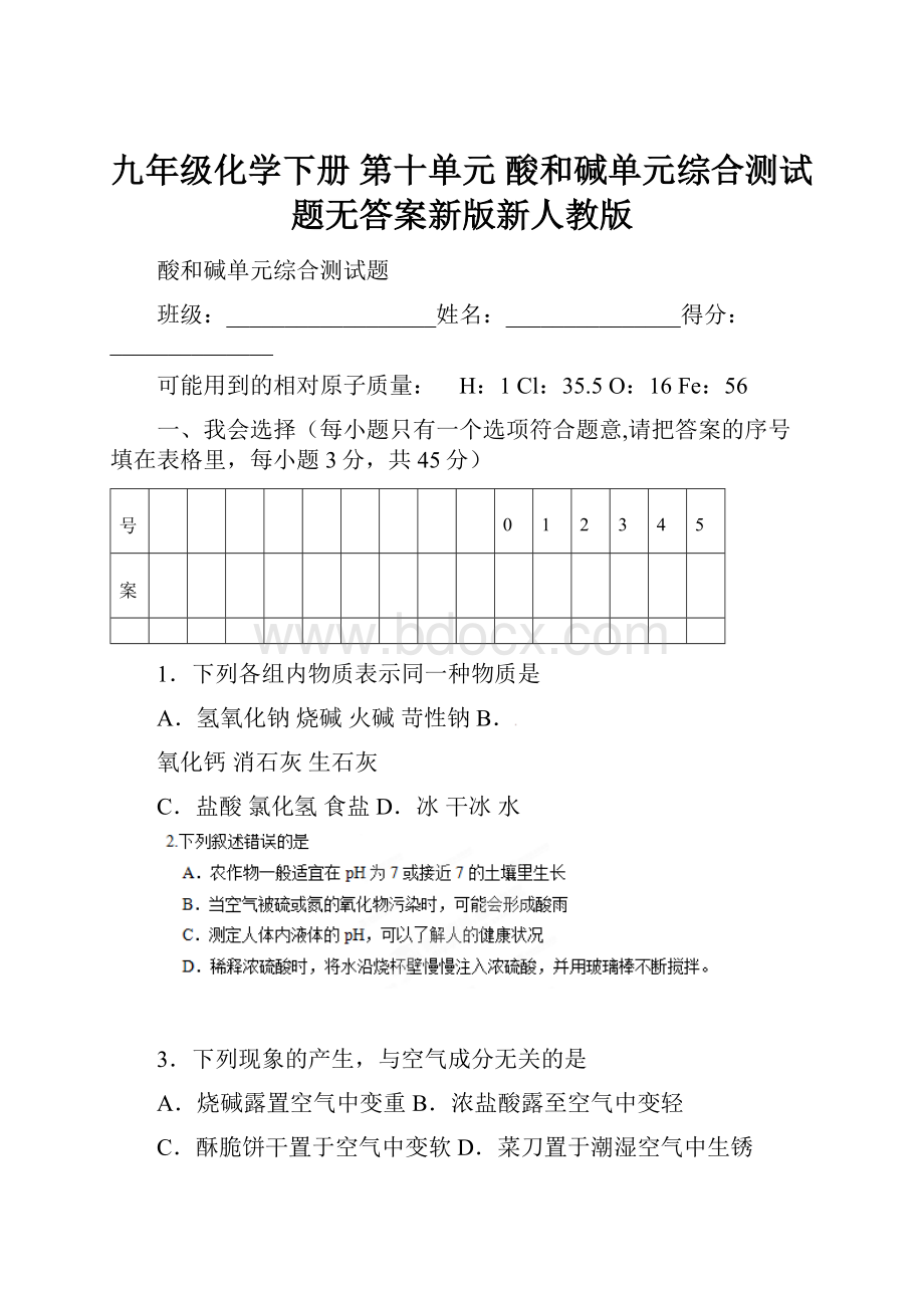 九年级化学下册 第十单元 酸和碱单元综合测试题无答案新版新人教版.docx