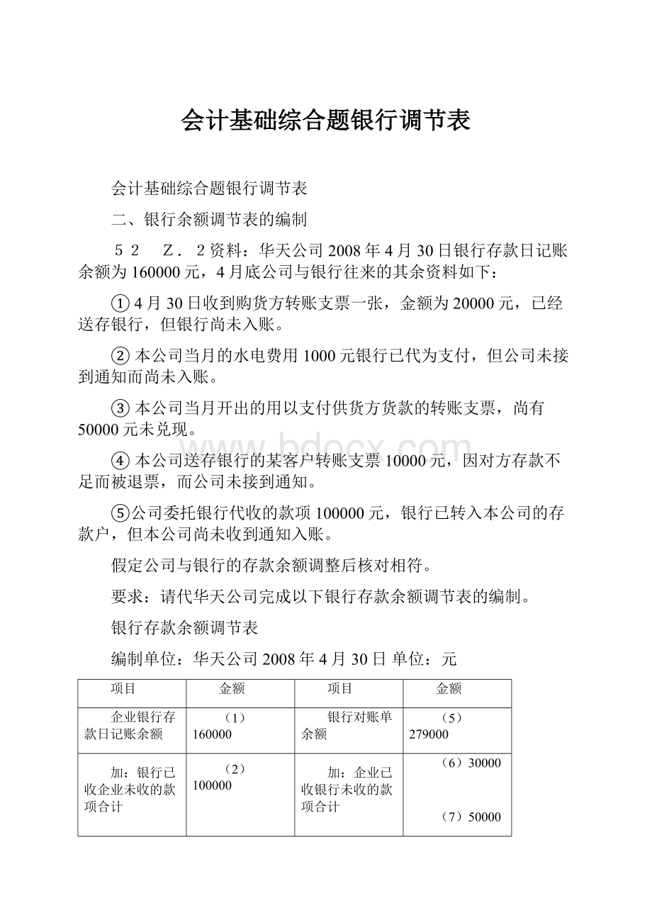 会计基础综合题银行调节表.docx