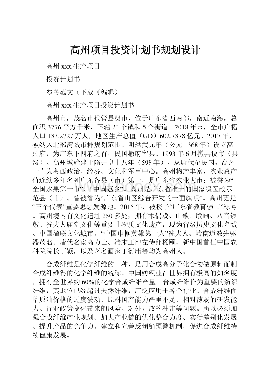 高州项目投资计划书规划设计.docx