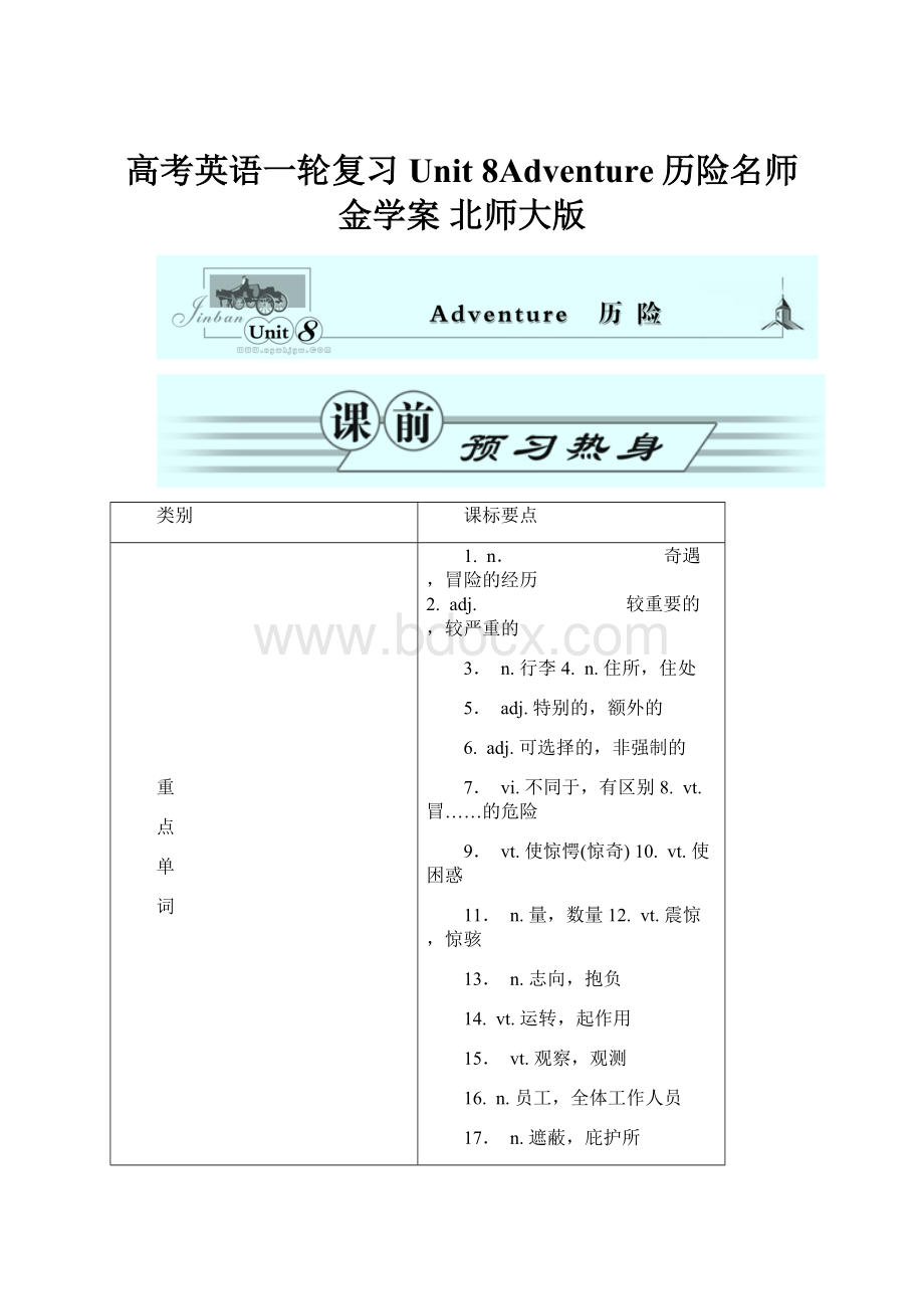 高考英语一轮复习 Unit 8Adventure历险名师金学案 北师大版.docx