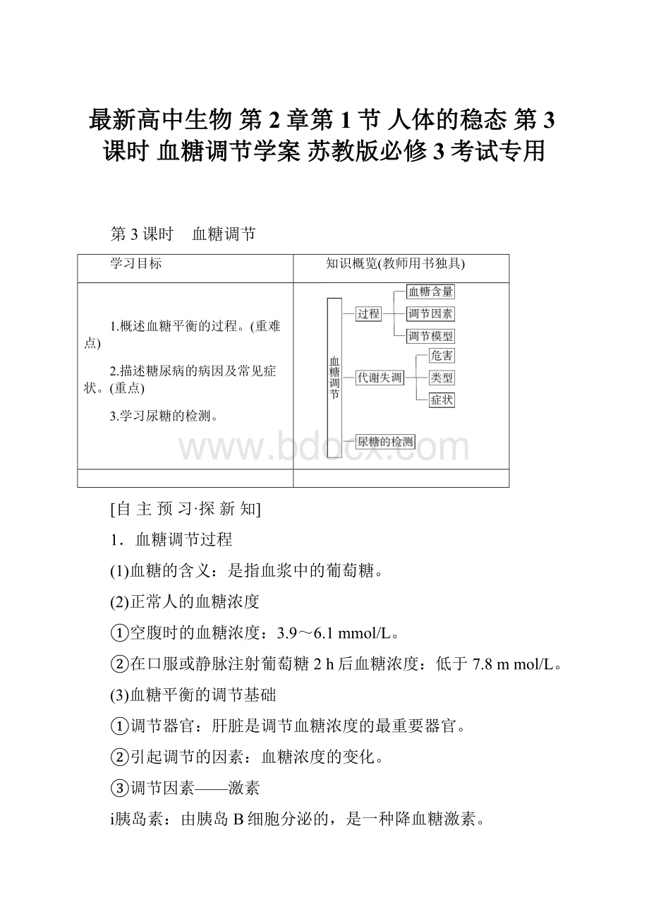 最新高中生物 第2章第1节 人体的稳态 第3课时 血糖调节学案 苏教版必修3考试专用.docx