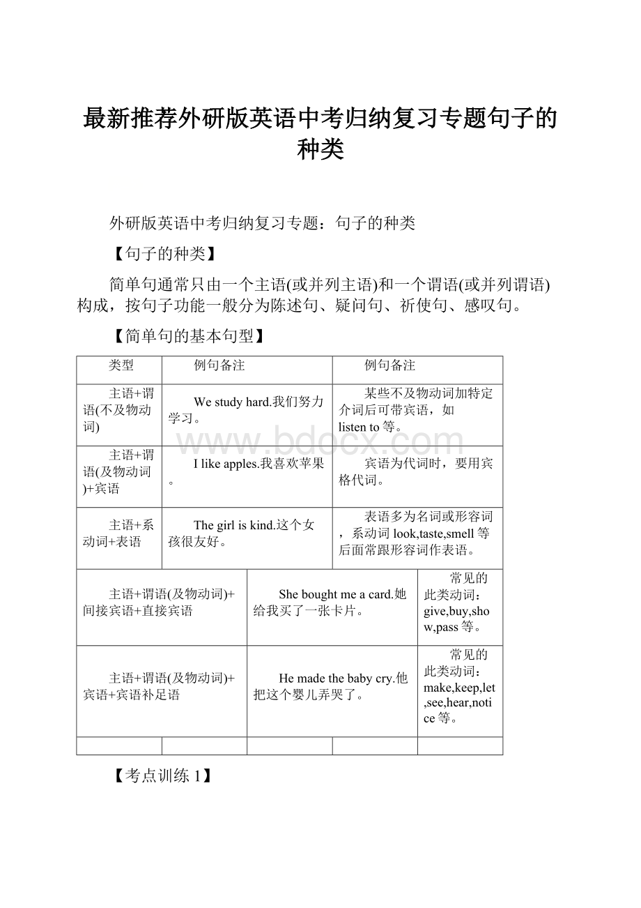 最新推荐外研版英语中考归纳复习专题句子的种类.docx