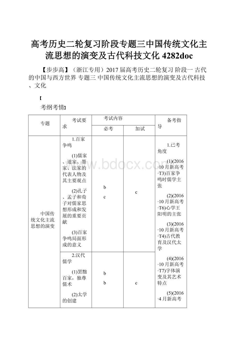 高考历史二轮复习阶段专题三中国传统文化主流思想的演变及古代科技文化4282doc.docx