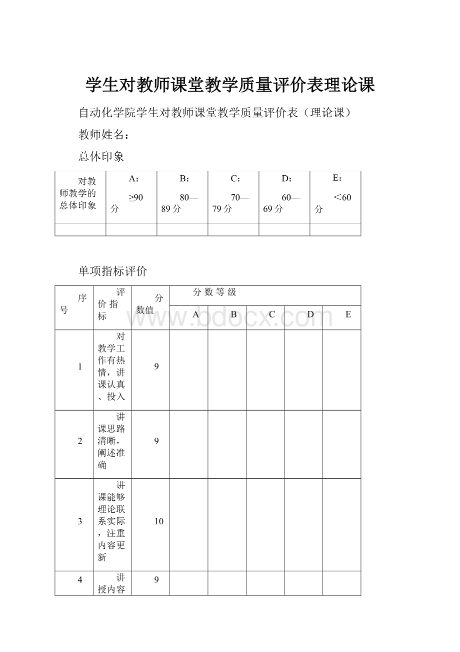 学生对教师课堂教学质量评价表理论课.docx_第1页