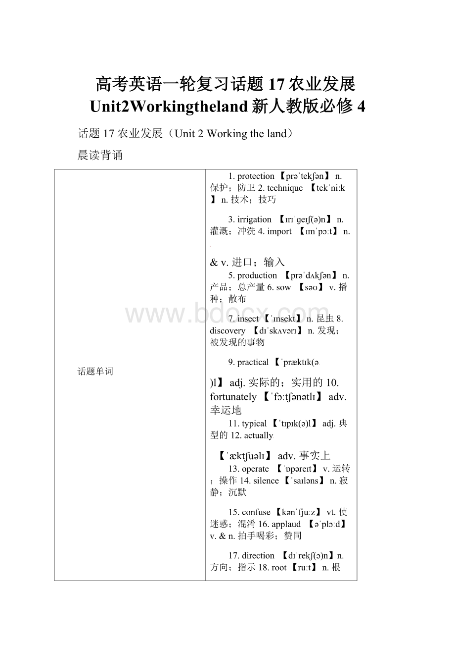 高考英语一轮复习话题17农业发展Unit2Workingtheland新人教版必修4.docx