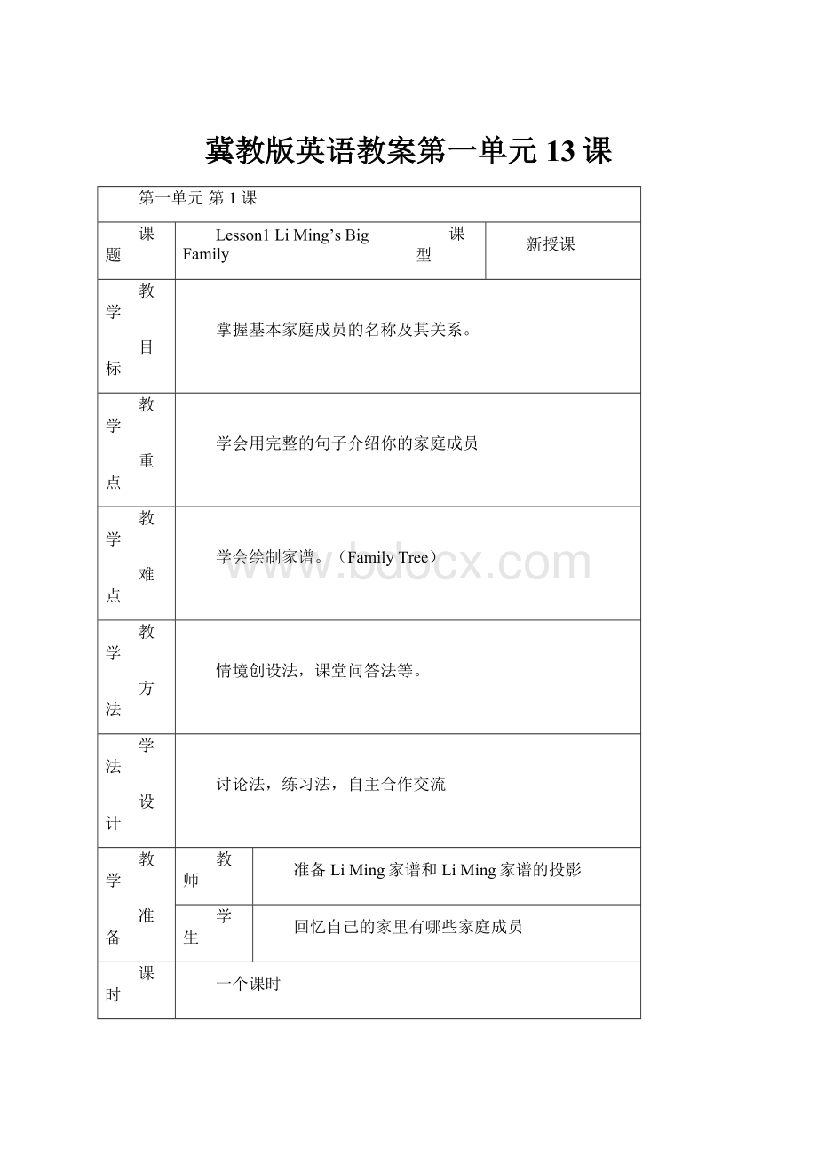 冀教版英语教案第一单元13课.docx_第1页