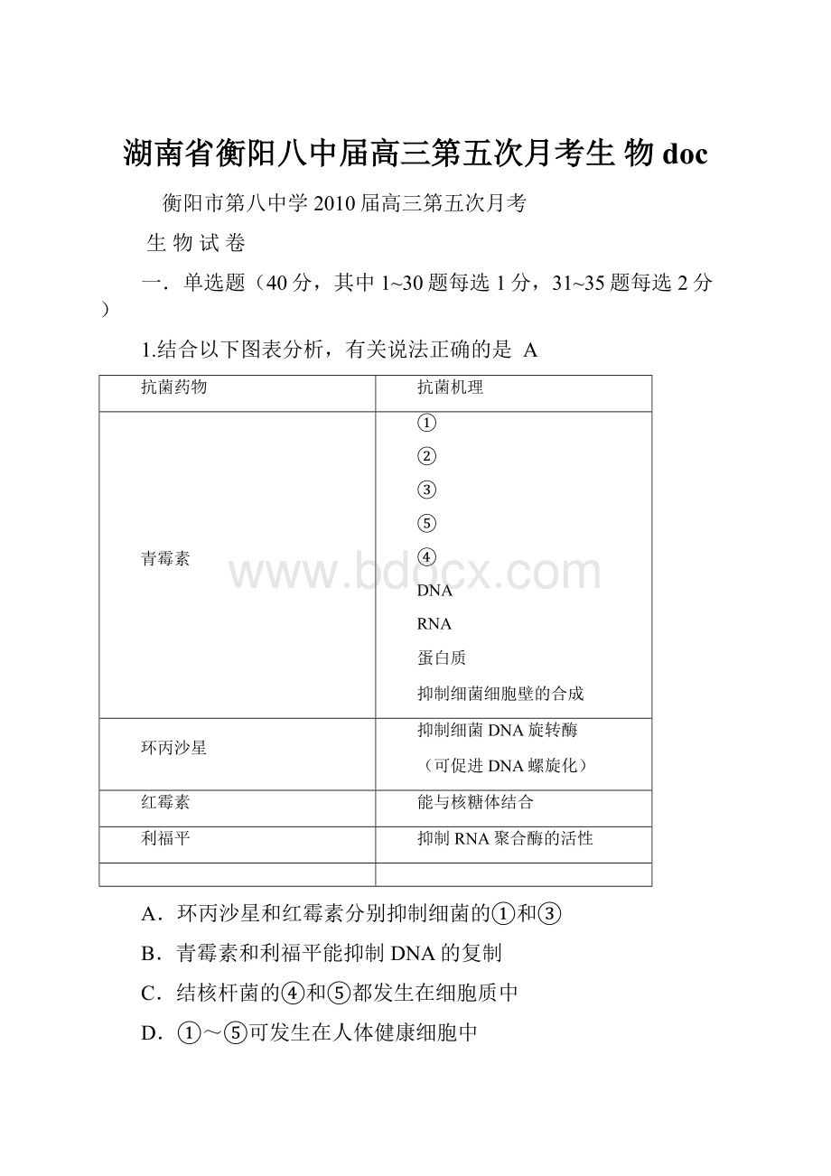 湖南省衡阳八中届高三第五次月考生 物doc.docx