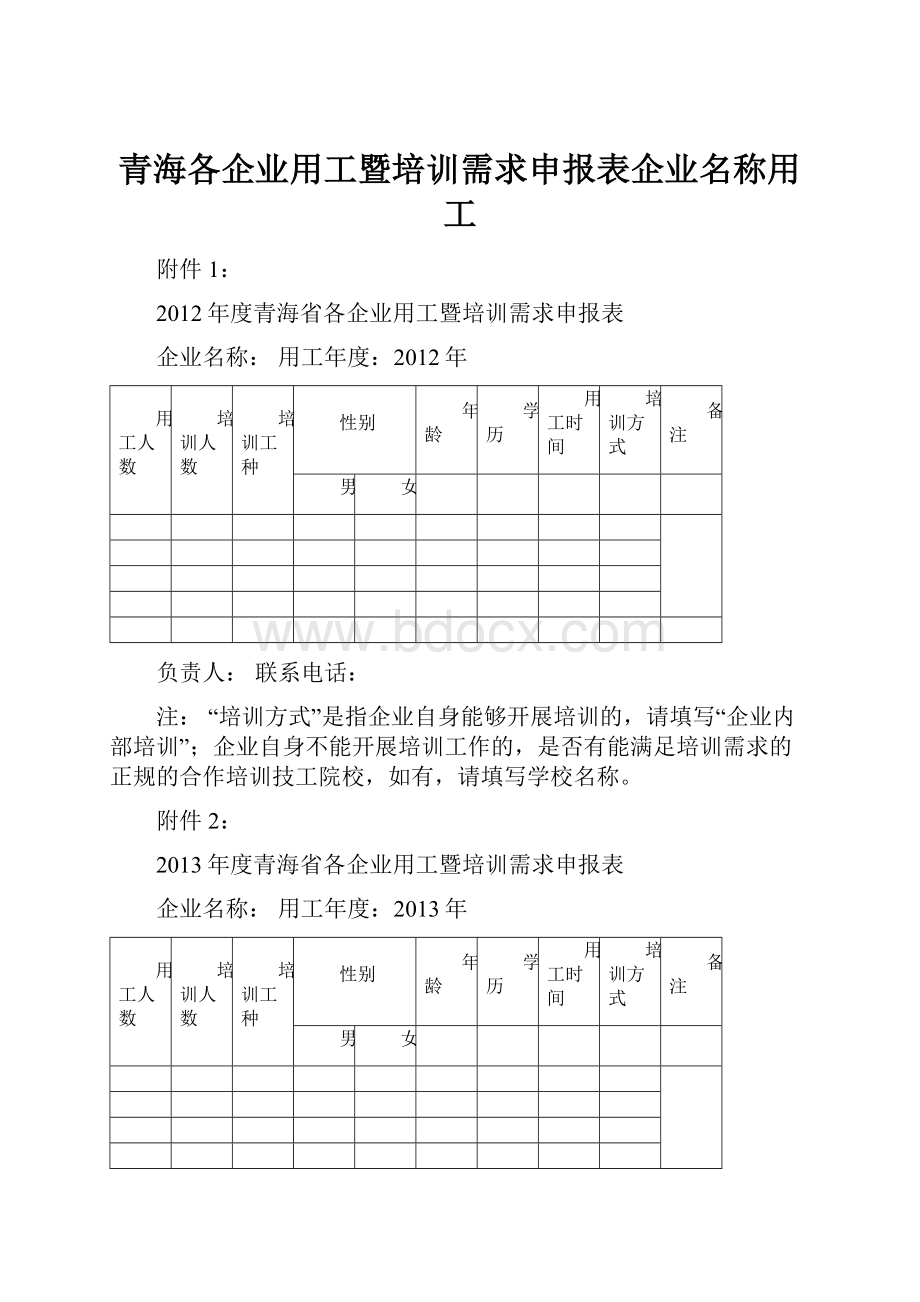 青海各企业用工暨培训需求申报表企业名称用工.docx_第1页