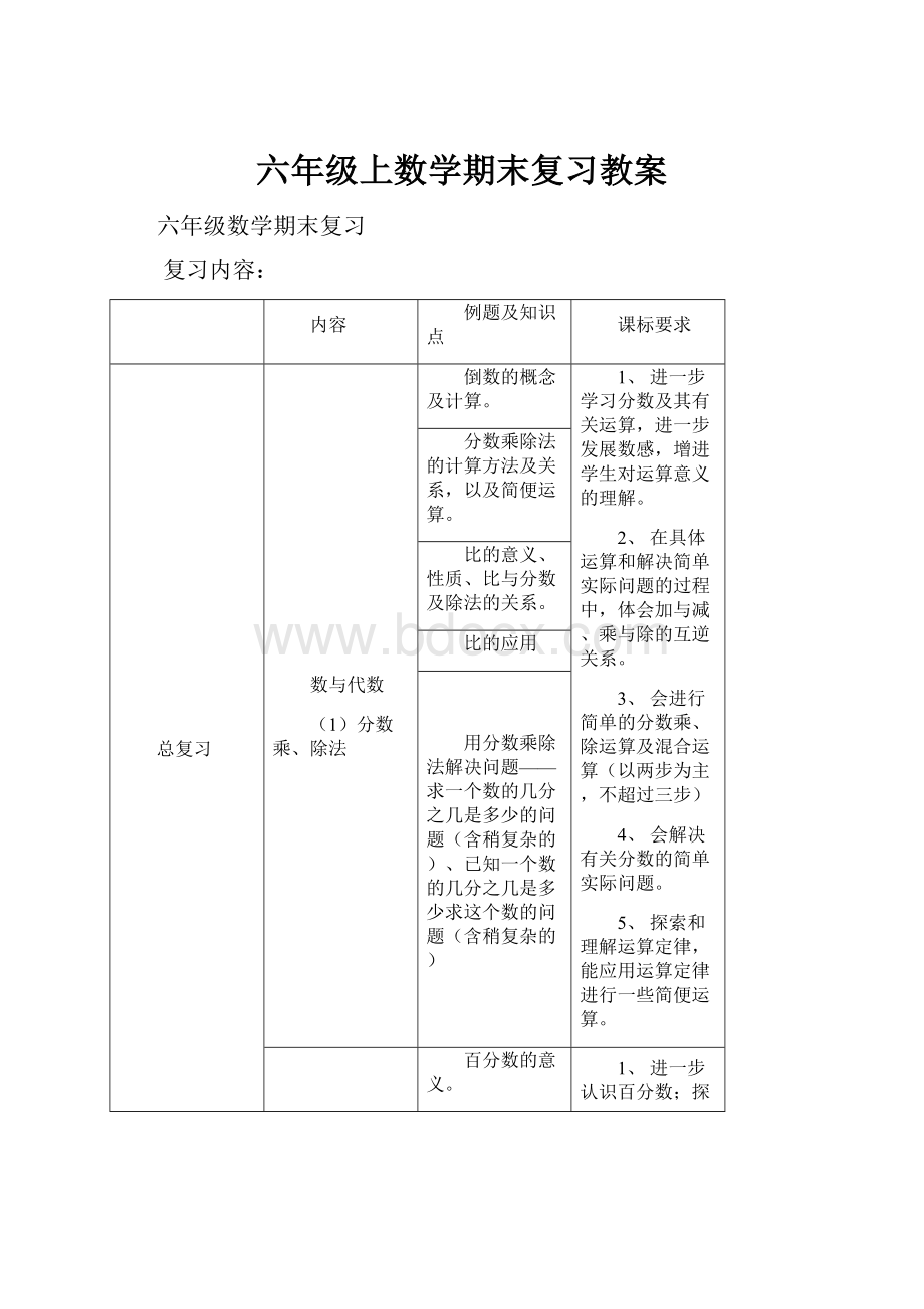 六年级上数学期末复习教案.docx