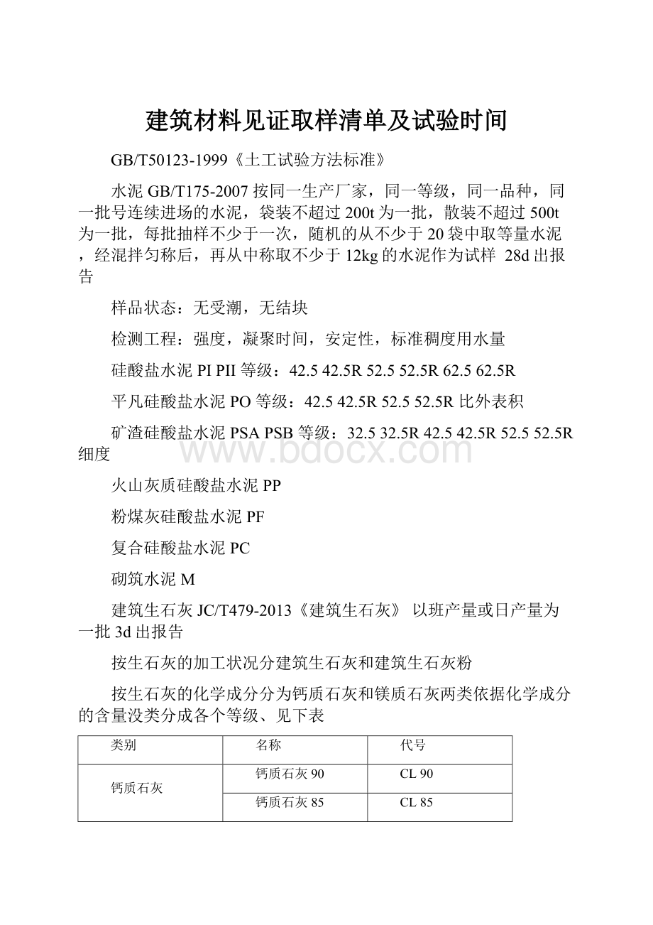 建筑材料见证取样清单及试验时间.docx_第1页