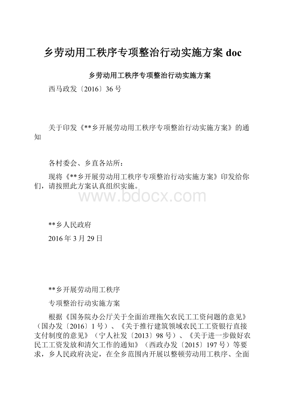 乡劳动用工秩序专项整治行动实施方案doc.docx