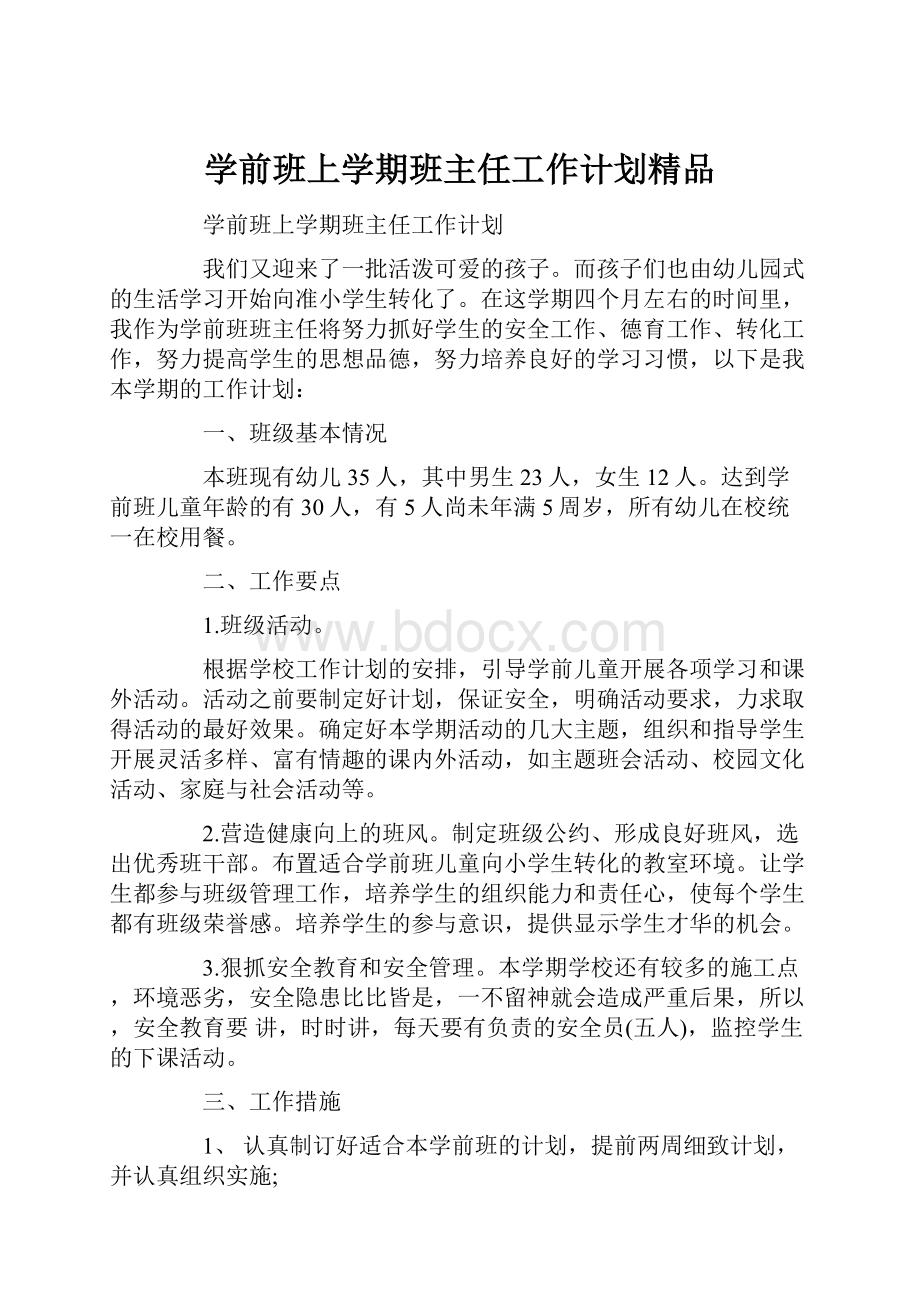 学前班上学期班主任工作计划精品.docx